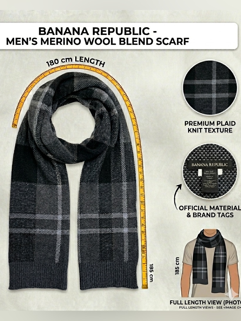 Nwot Banana Republic Men's Black Grey Plaid Merino Wool Blend Scarf